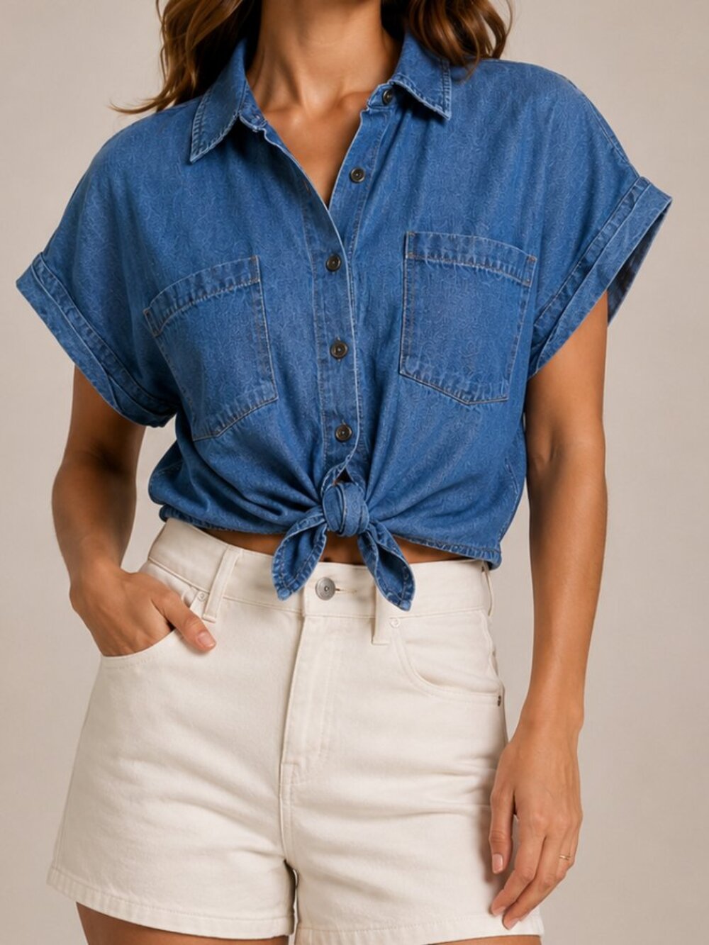 Sweet Envy Denim Chambray Tie-Front Button Shirt Blue Size S